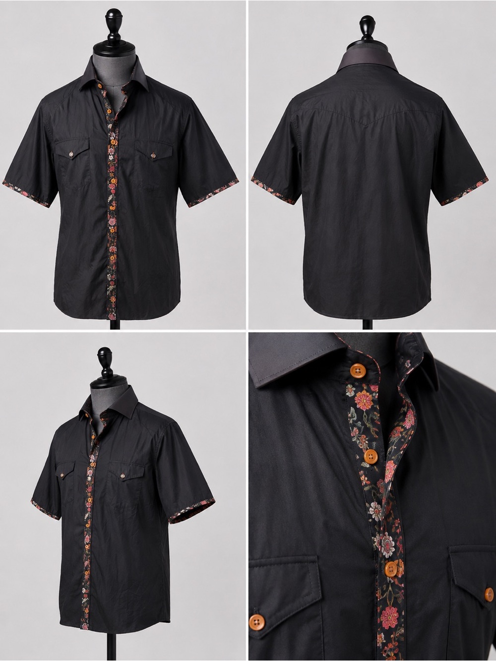 Men's Black Short-Sleeve Button-Down Shirt with Floral Trim